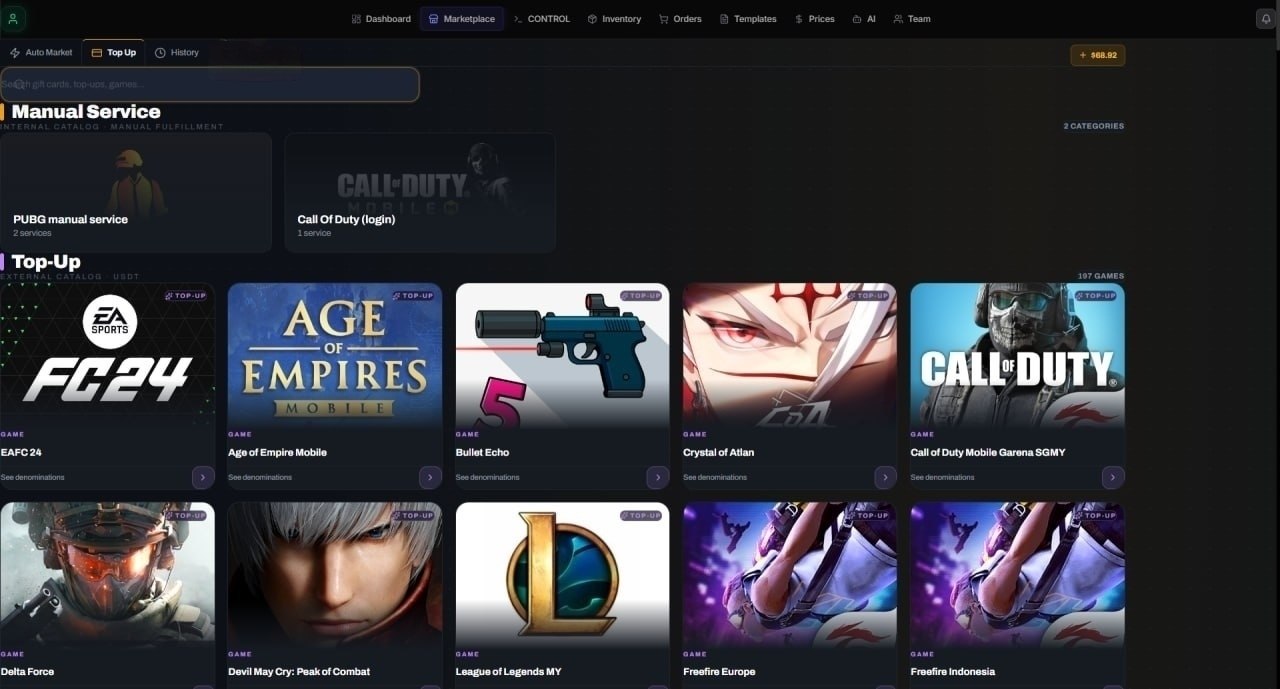 InfiniVoucher marketplace showing 197+ games and instant top-up options